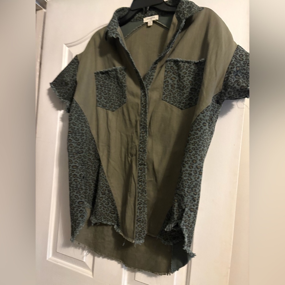 Umgee Olive Button-Up Shirt with Leopard Trim
